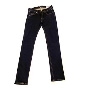 Dark wash Rag & Bone jeans with tan detailing